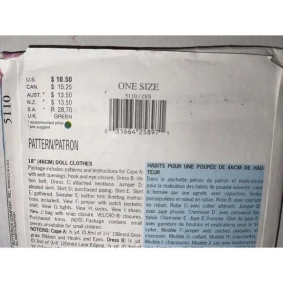 Butterick Two Vintage 18" Doll Sewing Patterns #5110 & Pattern #6667 both Uncut - Picture 3 of 12